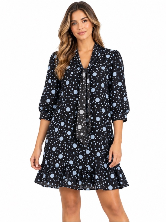 Who What Wear Dresses & Skirts - Who What Wear Black And Blue Polka Dot Tie Neck Ruffle Shift Dress